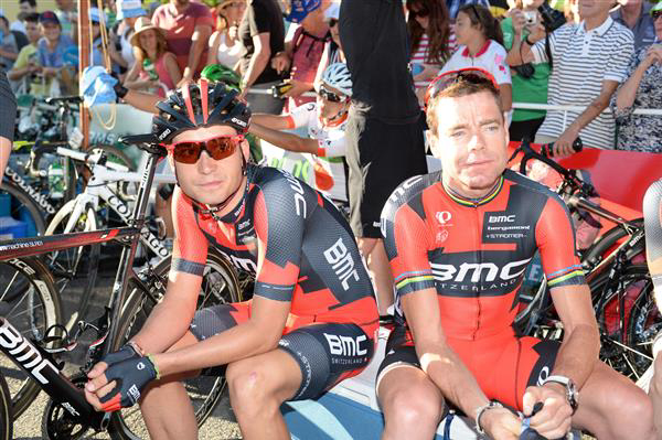 Rick Zabel and Cadel Evans wait for the race to start